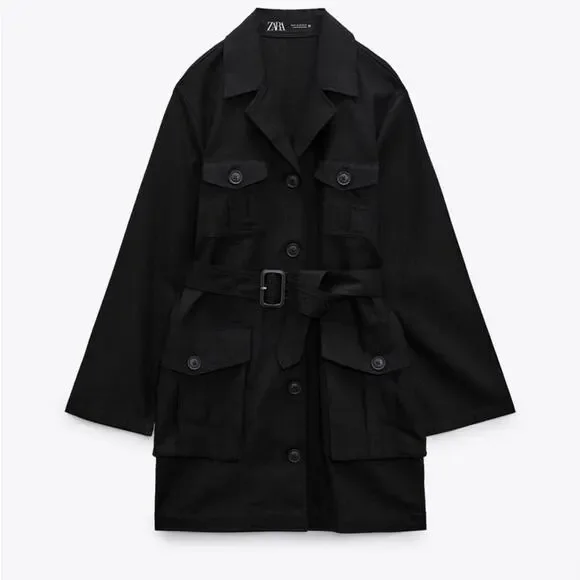 ZARA Linen Utility Jacket Belted Trench Coat Preppy Scandi Black Size XS/S - Picture 9 of 12